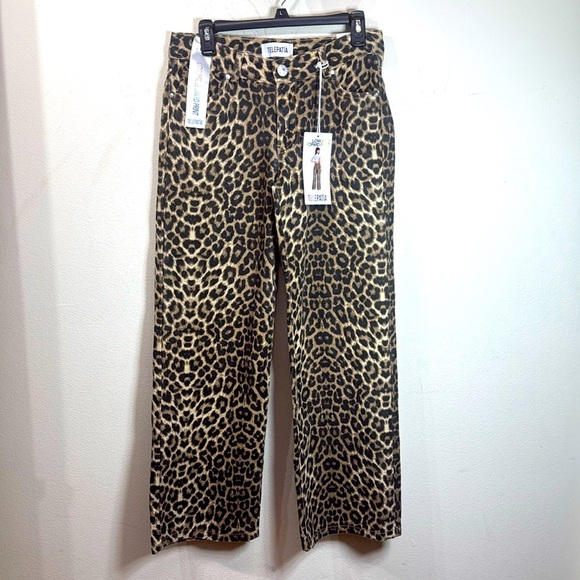 (Q) NWT TELEPATHY -Leopard Print Low Rise Wide Leg Jeans in BrownWomen's,Sz 5/27 - Picture 2 of 12